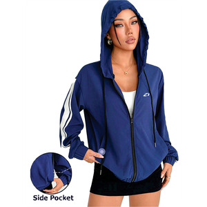 เสื้อแจ็คเก็ตกันลมสีน้ำเงินกรมท่าคุณภาพพรีเมียมสำหรับผู้หญิง น้ำหนักเบา มีฮู้ด ซิปแบบรูดขึ้นลง เสื้อคลุมกีฬา สกรีนโลโก้ได้ตามสั่ง ขายส่งเสื้อแจ็คเก็ตสำหรับผู้ชาย - Product Image 1