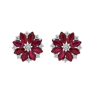 Wholesale 18k Yellow Gold Natural Marquise Ruby Diamond Floral Cluster Stud Earrings Memoria Jewels - Product Image 3