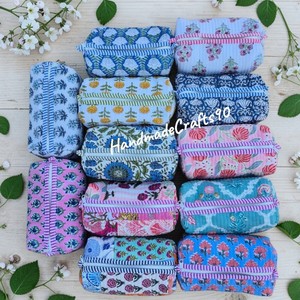 Vintage Cotton Handmade Block Printed for Pouches Women 3pcs Zipper Organizers Medium Capacity Makeup Accessory Cosmetic - Product Image 4