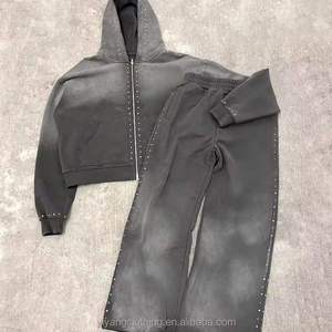 Sudadera con capucha gris para hombre, con cremallera, de algodón lavado a la piedra, felpa francesa, corte regular casual, con tachuelas, estilo urbano vintage. - Product Image 2