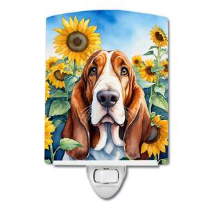 Certifié UL New Basset Hound Tournesols Veilleuse en céramique compacte 6x4x3 multicolore pour chambre à coucher salle de bain couloir cuisine - Product Image 1