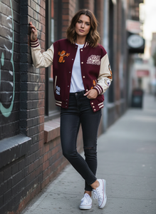 Veste universitaire pour homme de couleur marron, manches crème, patch brodé Garfield, veste de baseball bomber, style preppy streetwear - Product Image 6