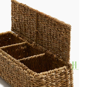 Handmade <b>Rustic</b> Rattan Woven Storage Basket Rectangle Natural Plant Fiber Organizer with Lid for Living Room Neatening Use - Product Image 1