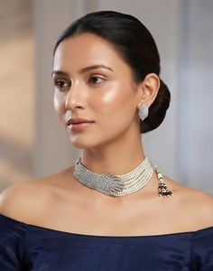 AD Stone Pearl Rose Gold Plated Brass Multi Strand Choker Necklace Earrings Romantic <b>Indian</b> Wedding Jewelry Set Statement Party - Product Image 4