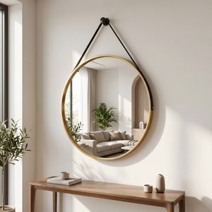 20 Inch Round Wall Mounted Vanity <b>Mirror</b> with Leather Strap and <b>Gold</b> Frame - Product Image 4