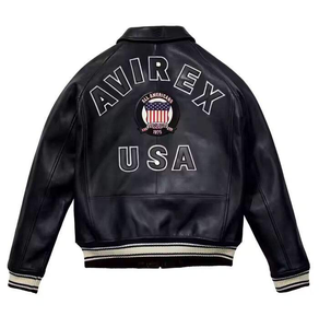 Men's Real Cowhide Leather <b>Bomber</b> <b>Jacket</b> Custom <b>Vintage</b> Style Avirex Zipper Closure Winter Front Logo Embroidery Design USA Flag - Product Image 6
