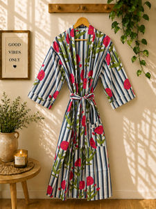 Kimono Floral para Mujer, Algodón, Estilo Boho, para Playa, Estampado, Cuello en V, Cierre con Cordón, Transpirable, Ligero, para Resort - Product Image 1
