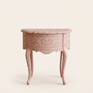 Mesa de Noche Redonda de Madera de Lujo Moderna y Ecológica con Incrustaciones Florales Rosas Hechas a Mano, 1 Cajón, Almacenamiento para Sala de Estar - Product Image 3