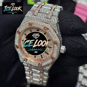 Montre de luxe pour homme Ice Look en acier inoxydable, cadran rond de 43 mm, mouvement à quartz analogique, cristal saphir lumineux, fermoir pliant - Product Image 2