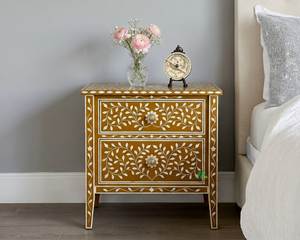 Elegant <b>Storage</b> Bone Inlay Bedside Table Handcrafted Wooden Cabinet For Stylish Bedroom Arrangement - Product Image 3