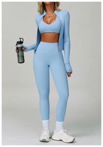 Ensemble de yoga uni pour femme, haut à manches longues avec fermeture éclair quart de tour, short taille haute, respirant, en Spandex et Polyester, sans couture, tenue d'entraînement, ODM OEM - Product Image 5