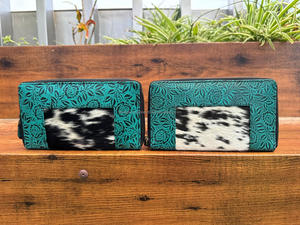 Nouveau 2025 Designer de luxe de haute qualité en cuir de vachette véritable fermeture éclair portefeuille pour femmes Turquoise en relief Floral pochette en cuir - Product Image 5