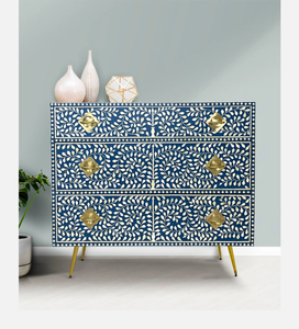 Commode à 3 tiroirs en bois fait main avec incrustations florales bleues et blanches, meuble de salon moderne du milieu du siècle - Product Image 1