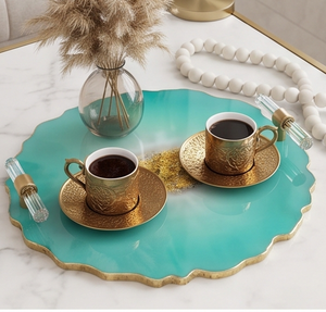 Premium Acme Metal Turquoise <b>Serving</b> <b>Tray</b> With <b>Gold</b> Rim Decorative Round Platter For Home Dining Wedding Events And Restaurant - Product Image 4
