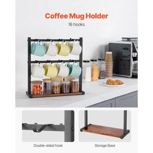 Porta Tazze da Caffè a 16 Ganci per Piano di Lavoro, Espositore a 2 Livelli in Acciaio al Carbonio e Legno, Base per Organizzazione Cucina - Product Image 2