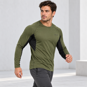 Camiseta Deportiva de Manga Larga para Hombre, Color Verde Oliva, de Secado Rápido, Corte Ajustado, Cuello Redondo, Estilo Deportivo, Logotipo Personalizado Impreso en la Parte Delantera - Product Image 6