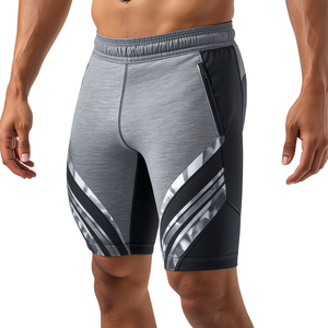 Pantalones Cortos Deportivos Modernos para Hombre en Gris Jaspeado con Estampado, Tela Ligera de Alto Rendimiento y Construcción Premium para Ropa Deportiva - Product Image 1