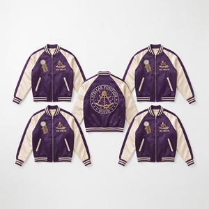 Custom Apparel Brand Supplier <b>Purple</b> Gold Satin <b>Varsity</b> <b>Jacket</b> Snap Button Embroidered Gargoyle Back Emblem Coat - Product Image 3