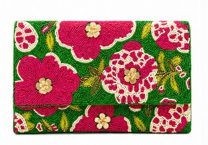 Beaded Floral Clutch Green Pink Flowers Embroidery Women's Evening Wedding Handbag Elegant Party Clutch - Product Image 2