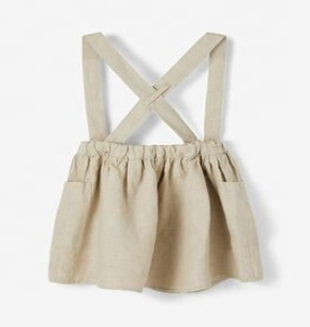 Cute Beige Pinafore Dress With Adjustable Waist Side Pockets & <b>Suspenders</b> With Button Fastening Crafted From Soft Linen Fabric - Product Image 3
