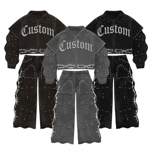 Custom <b>Rhinestone</b> Cross Black Denim <b>Jacket</b> and Pants Set Streetwear Fashion Apparel Collection Design For Unisex Comfort Wear - Product Image 1