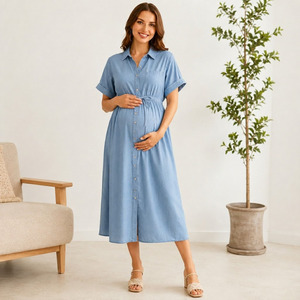 Robe chemise en chambray de maternité, longueur mi-mollet, manches courtes, coupe trapèze ample, respirante, pour femme, idéale pour l'été - Product Image 5