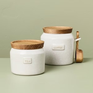 Boîte à café vintage en céramique avec couvercle en bois et cuillère incluse, pot de conservation hermétique, garde-frais, organisateur de comptoir de cuisine - Product Image 4