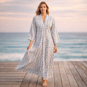 ชุดเดรสผ้าฝ้ายพิมพ์ลายบล็อกทำมือ คอวี แขนยาว ทรงเข้ารูป มีกระเป๋าข้าง สำหรับผู้หญิง ชุดเดรสยาวหรูหรา - Product Image 3