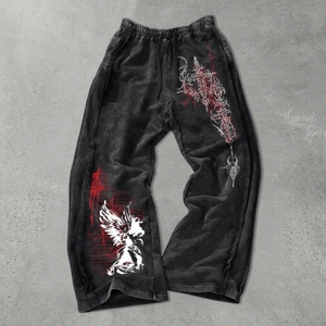 Pantalon cargo harem noir en velours côtelé délavé, avec cordon de serrage, coupe ample, style hip-hop, longueur intégrale, rouge et blanc - Product Image 3