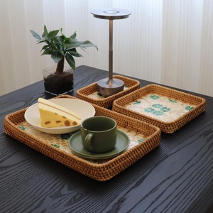 Plateau de service rectangulaire en rotin et nacre, motif trèfle à quatre feuilles vert incrusté, organisateur décoratif pour la maison - Product Image 6