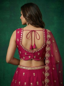 Burgundy Embroidered Bridal <b>Lehenga</b> Choli Wedding Dress Sleeveless V-Neck Floor-Length A-Line Silhouette Polyester Stretchable - Product Image 2