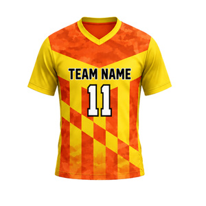 Ensemble d'uniformes de football respirants pour hommes, sublimation, jaune orange, col en V, maillot à manches courtes, short, kit avec numéro d'équipe - Product Image 2
