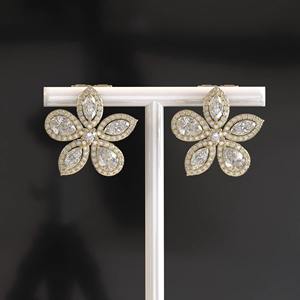 Boucles d'oreilles clous fantaisie en or massif 14K plaqué rhodium, serties de moissanite et de diamants en grappe, monture à griffes, cadeau d'anniversaire étincelant - Product Image 2