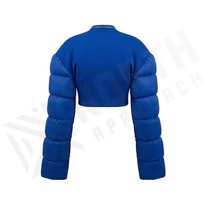 Blue Quilted Jacket With Puff Sleeves Stand Collar Zipper Closure Short Length Winter Wear Full Sleeve Solid Color - Product Image 2