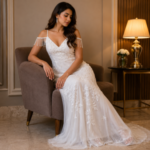 Luxury White Modern Draped Floral Embroidered Bridal A-Line Gown Elegant V Neck Wedding Dress Premium Lace Evening Reception - Product Image 3