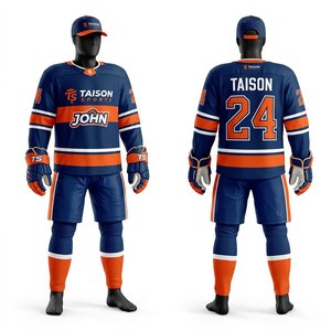 Uniforme de hockey sur glace pour hommes, qualité supérieure, maille respirante en polyester 160 GSM, bleu marine et orange, logo imprimé, col en V, sangle réglable - Product Image 1