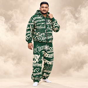 Ensemble de survêtements unisexe vert forêt et crème avec sweat à capuche zippé et pantalon, impression intégrale personnalisée, streetwear décontracté, vente en gros - Product Image 3