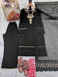 Best Fabric Party Wear Faux Georgette with Embroidery Sequence work Plazzo-<b>Kurta</b> & Dupatta Set <b>Woman</b> Fashion Supplier from Surat - Product Image 4