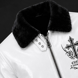 Custom White Leather Jacket Men's Gothic Cross Print Faux Fur Collar Biker Jacket <b>Winter</b> Fashion <b>Coat</b> - Product Image 3