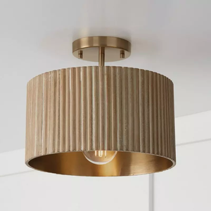 Plafonnier semi-encastré SIMIG, luminaire en forme de tambour doré avec abat-jour en tissu doré pour salon, chambre à coucher, salle à manger - Product Image 1