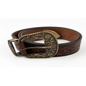 Custom Floral Embossed Western <b>Leather</b> Hand <b>Tooling</b> Belt with Designer 3 Piece Brass Pin Buckle Keeper and Loop End Cowboy Belt - Product Image 1