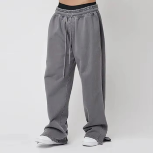 Men's Wide Leg Pants Elastic Waist 100% Cotton Casual Breathable Midweight Spring Style <b>Plain</b> Dyed Woven Trousers - Product Image 2