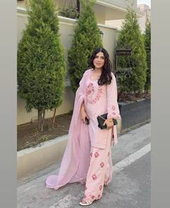 Conjunto de Salwar Kameez de Algodón Rosa con Bordado Floral, Corte Holgado, Largo hasta el Suelo, Secado Rápido, Ropa Étnica Tradicional para Mujer, Estilo Casual - Product Image 2