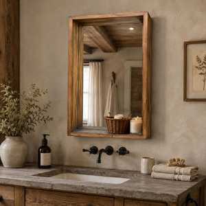 Rustic <b>Rectangular</b> Solid Wood Shadow Box Wall <b>Mirror</b> Deep Recessed Timber Frame Entryway Storage Ledge <b>Mirror</b> Decor Artwork Unit - Product Image 2