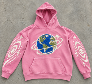 Sweat à capuche vintage personnalisé avec impression de la planète Terre, unisexe, décontracté, en coton noir, tissu French Terry, coupe ample, logo sur le devant, poche, design hiver - Product Image 3