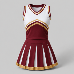 Uniforme de cheerleading pour adultes sans manches, couleur bordeaux, blanc et or, style brassière, respirant, confortable, en spandex/polyester - Product Image 1