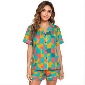 Women's Geometric Print Short Sleeve Pajama <b>Set</b> With Turn-down Collar And Button Closure Summer Sleepwear - Product Image 1