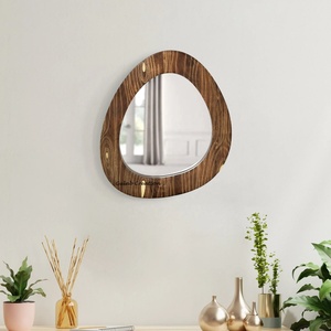 Mid Century Modern Irregular Shape Wooden Wall <b>Mirror</b> <b>Frame</b> With Brass Inlay - Product Image 2