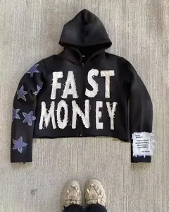 Sweat-shirt à capuche zippé en polaire imperméable et coupe-vent pour homme, style streetwear hiver, avec lettres appliquées, Fast Money Black - Product Image 1
