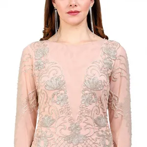 Robe de soirée sirène élégante rose poudré, illusion transparente, manches longues, sequins, robe de cérémonie de luxe, robe de invitée de mariage - Product Image 5